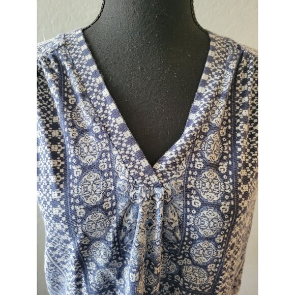 Lucky Brand V Neck Blue Aztec Short Sleeve Top Size M Western Bohemian Casual - Picture 2 of 9